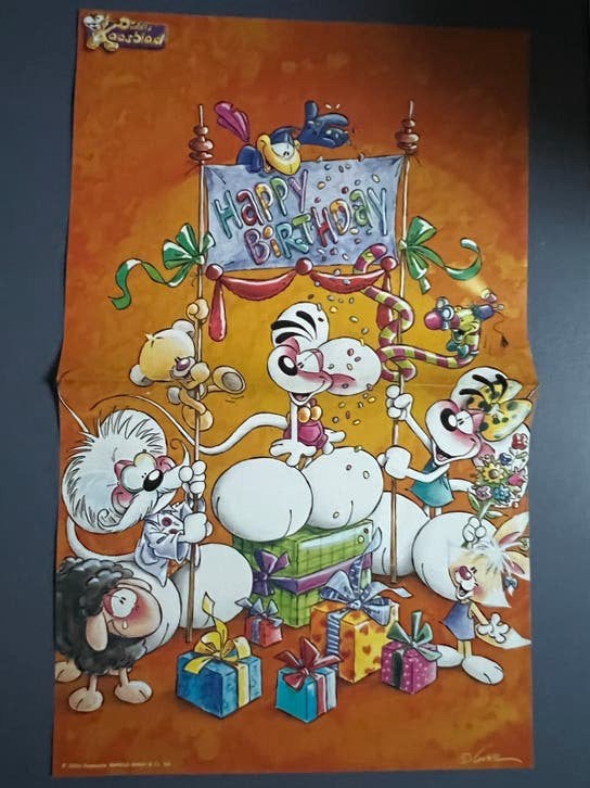 Dubbelzijdig Diddl poster - Happy Birthday & Wolken, Verzamelen, Ophalen of Verzenden, Verschillende figuren, Gebruikt, Plaatje of Poster