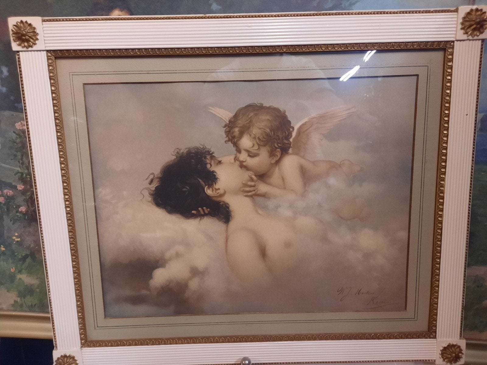 Antieke aquarel: Cupido en Psyche, gesigneerd W.J. Martens, Antiek en Kunst, Portret of Personen, Ophalen of Verzenden, Gesigneerd