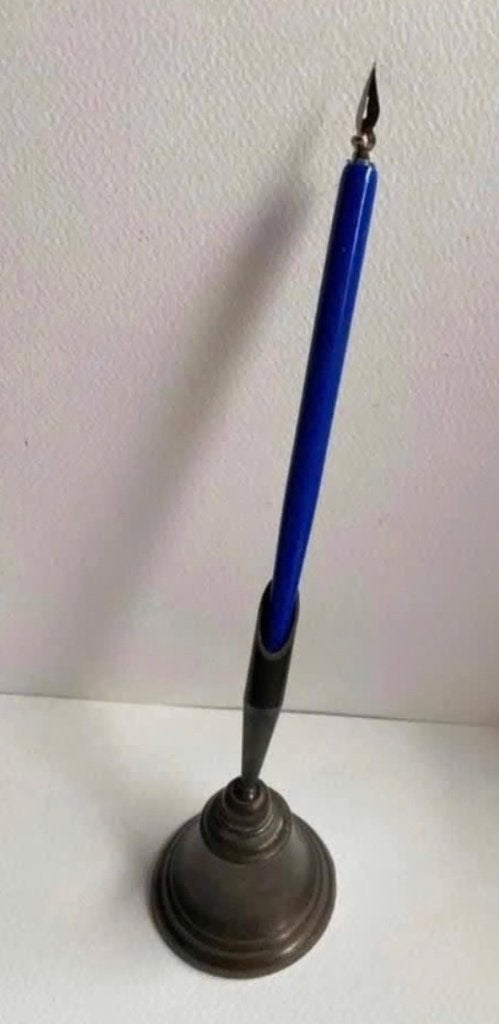 Brons koper bel met houder voor pen plus kroontjes pen, Ophalen of Verzenden