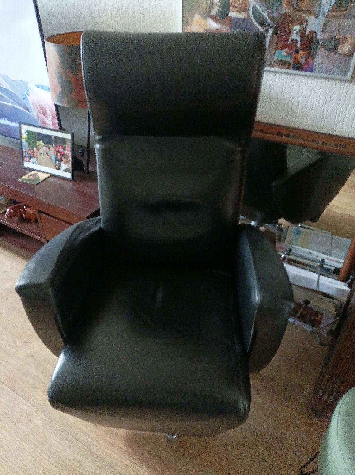 Relax draaifauteuil zwart leer, vintage design, Ophalen, 75 tot 100 cm, 75 tot 100 cm, Leer