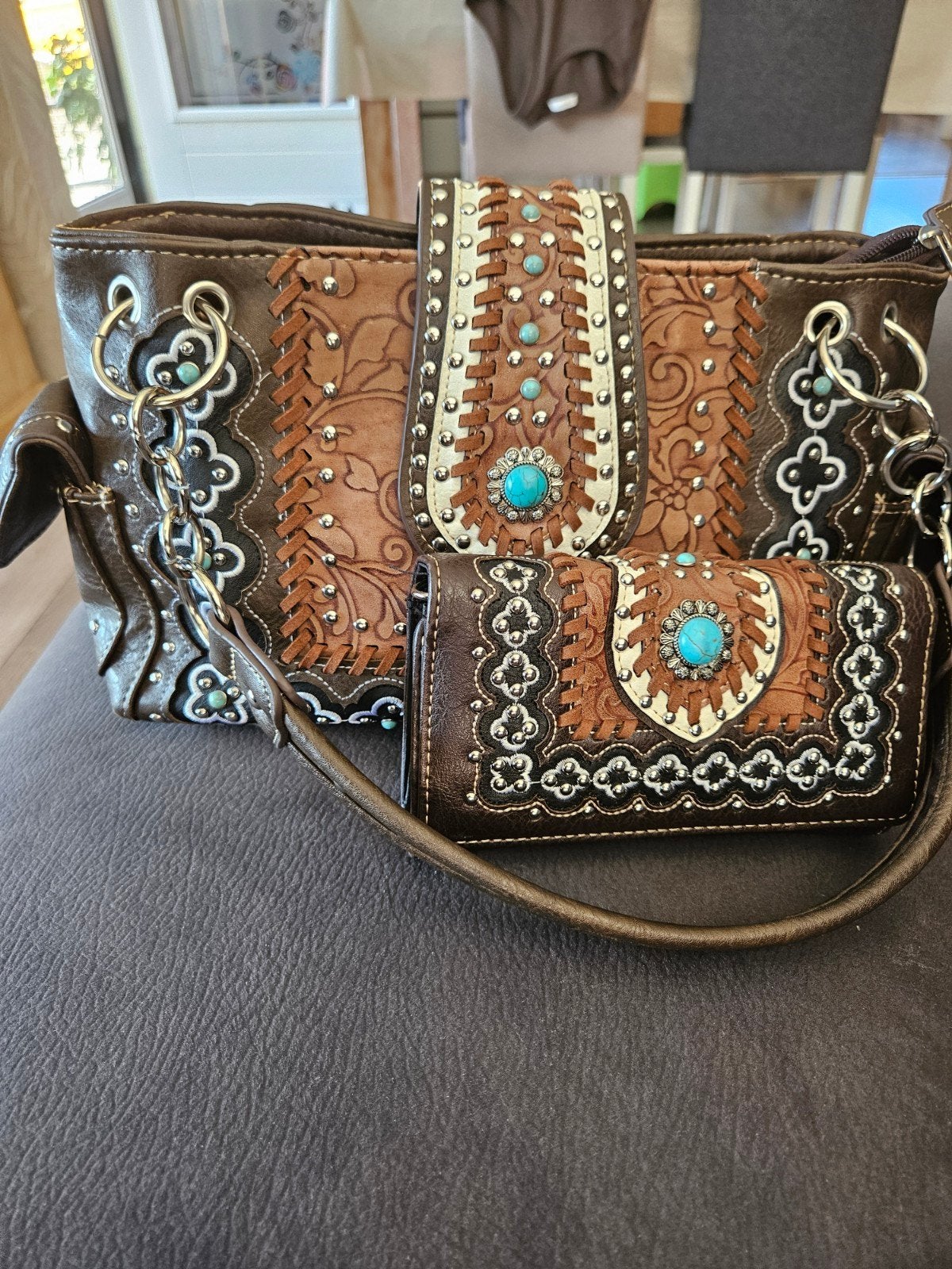 handtas en portemonnee set met turquoise accenten, Ophalen, Zo goed als nieuw, Bruin, Handtas