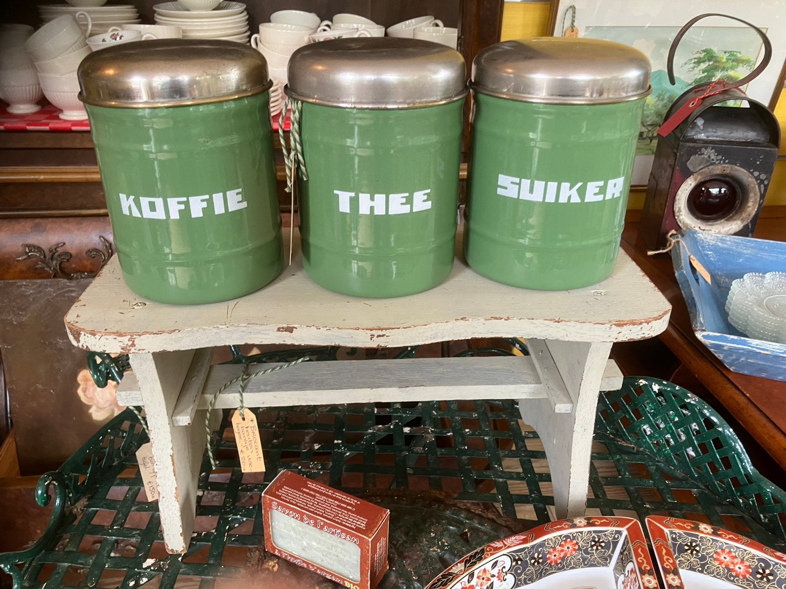 Drie vintage koffie bussen., Ophalen of Verzenden, Voorraadpot, Metaal, Groen