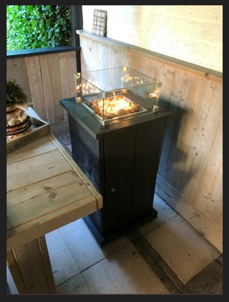 Vuurtafel-zuil met RVS brander, glasombouw en afdekplaat, Ophalen, Nieuw