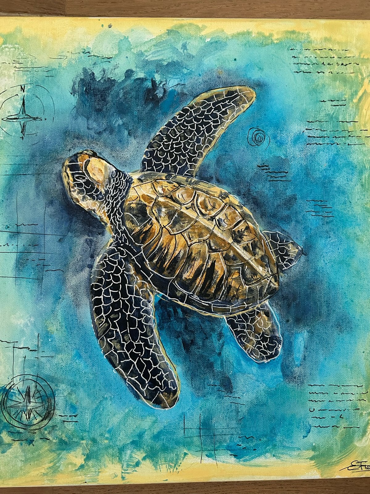 Schilderij 'Zeeschildpad' - Acryl op doek, 50x50 cm, Acrylverf, Dieren, Textiel, Gelakt/vernis