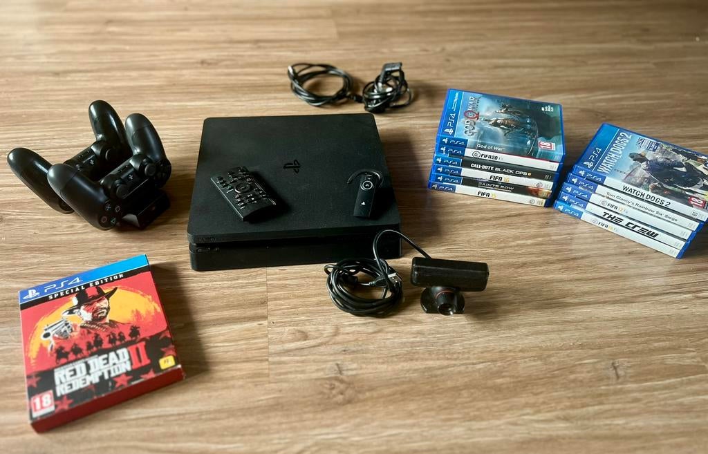 PlayStation 4 Slim incl veel spellen en accessoires, Ophalen of Verzenden, Zo goed als nieuw, Met 2 controllers, Slim
