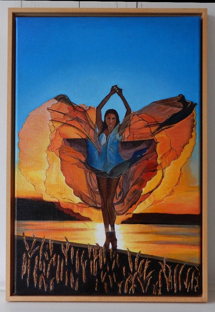 Schilderij ballerina bij zonsondergang, Doek, Ophalen of Verzenden, Landschap, Olieverf