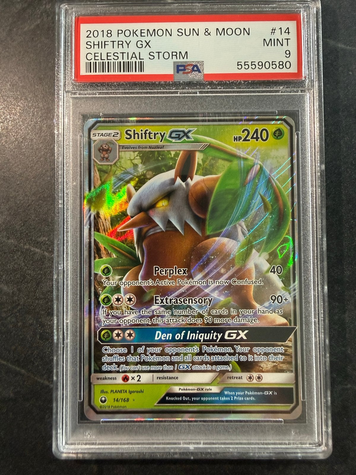 Pokemon Shiftry GX Celestial Storm PSA 9 MINT, Ophalen of Verzenden, Zo goed als nieuw, Losse kaart