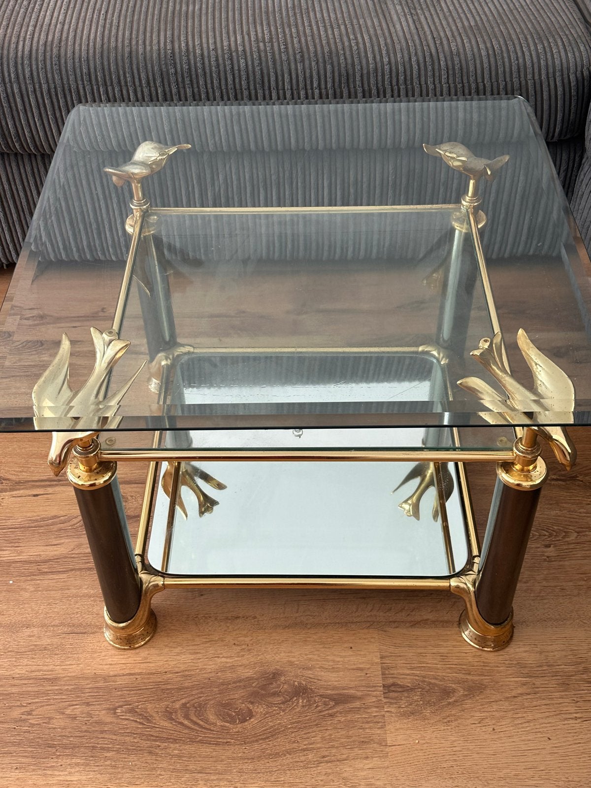 Luxe glazen salon tafel met vintage look en vogels, Ophalen, 50 – 75, Gebruikt, Vierkant