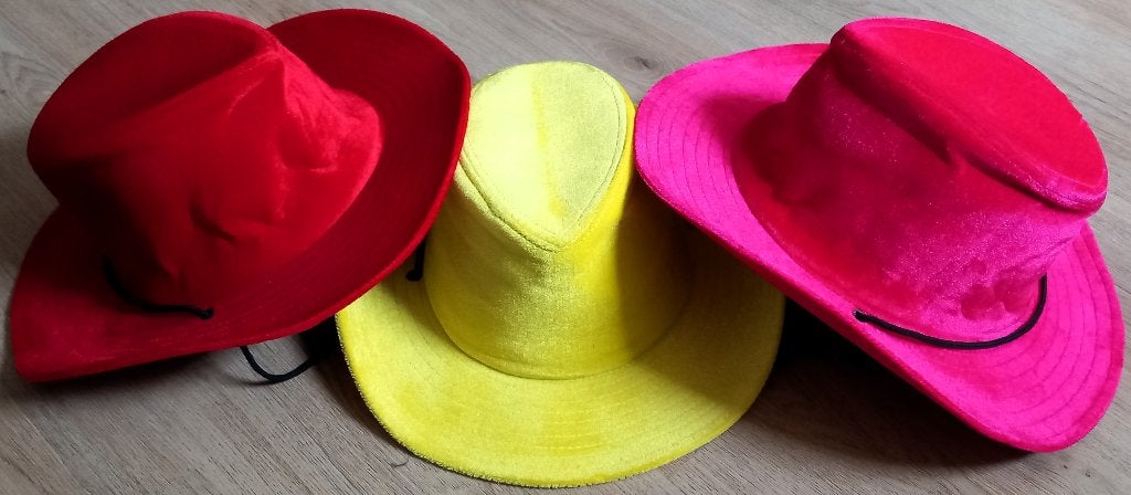 Set van 3 Cowboy hoeden / Partyhoeden - Rood, Geel & Roze, Ophalen of Verzenden, Nieuw, Hoed of Pruik, Overige