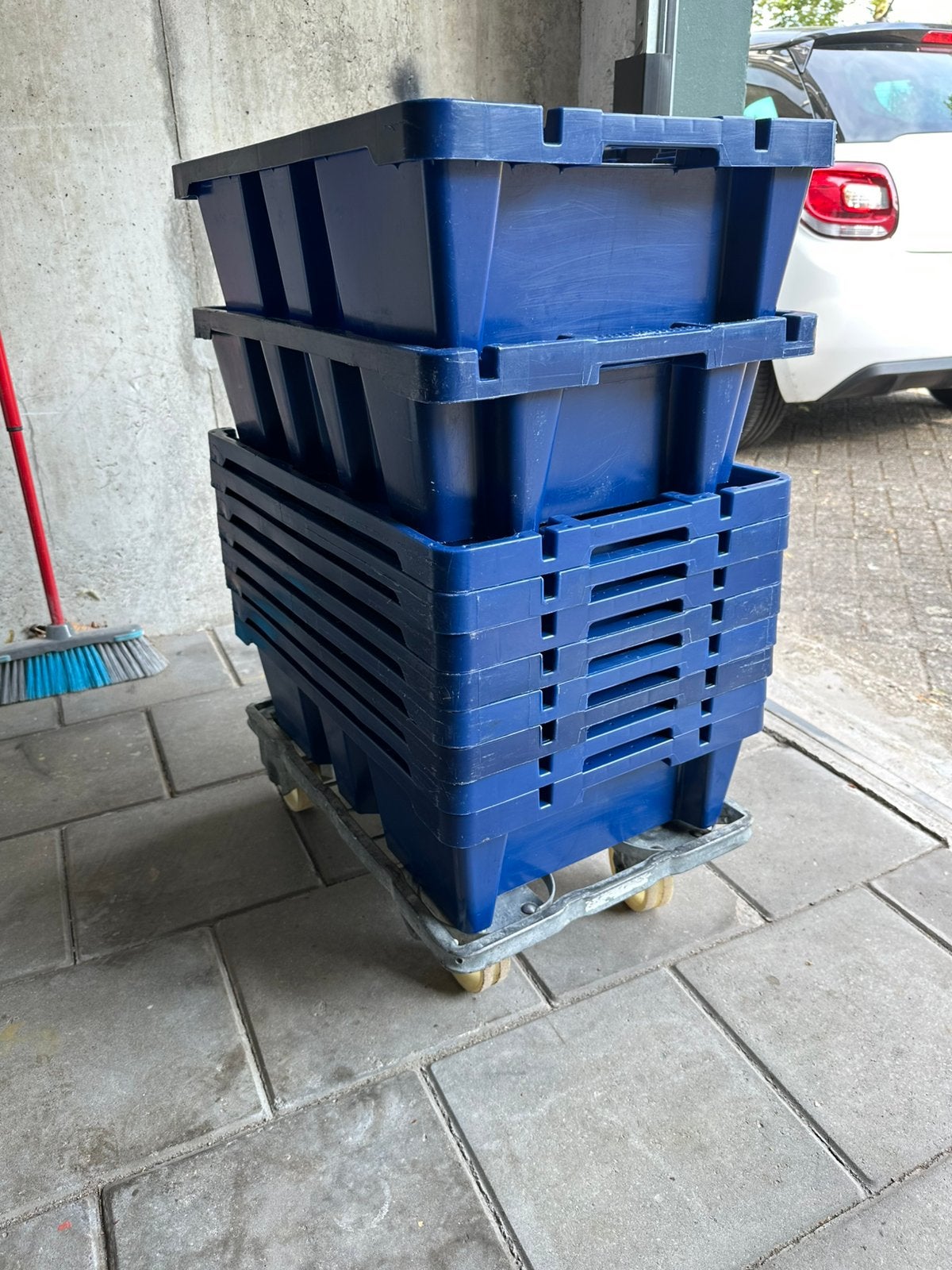 10 Stapelbare bakken/kratten 40L ,op een dolly, Ophalen, Gebruikt, 40 tot 60 cm, 50 tot 75 cm