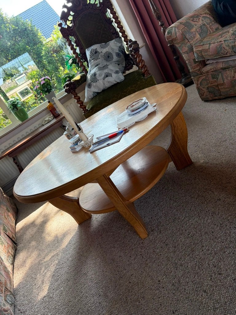 Eiken salontafel - mooie ronde tafel, Ophalen, Gebruikt, 5 – 50, 100 tot 150 cm