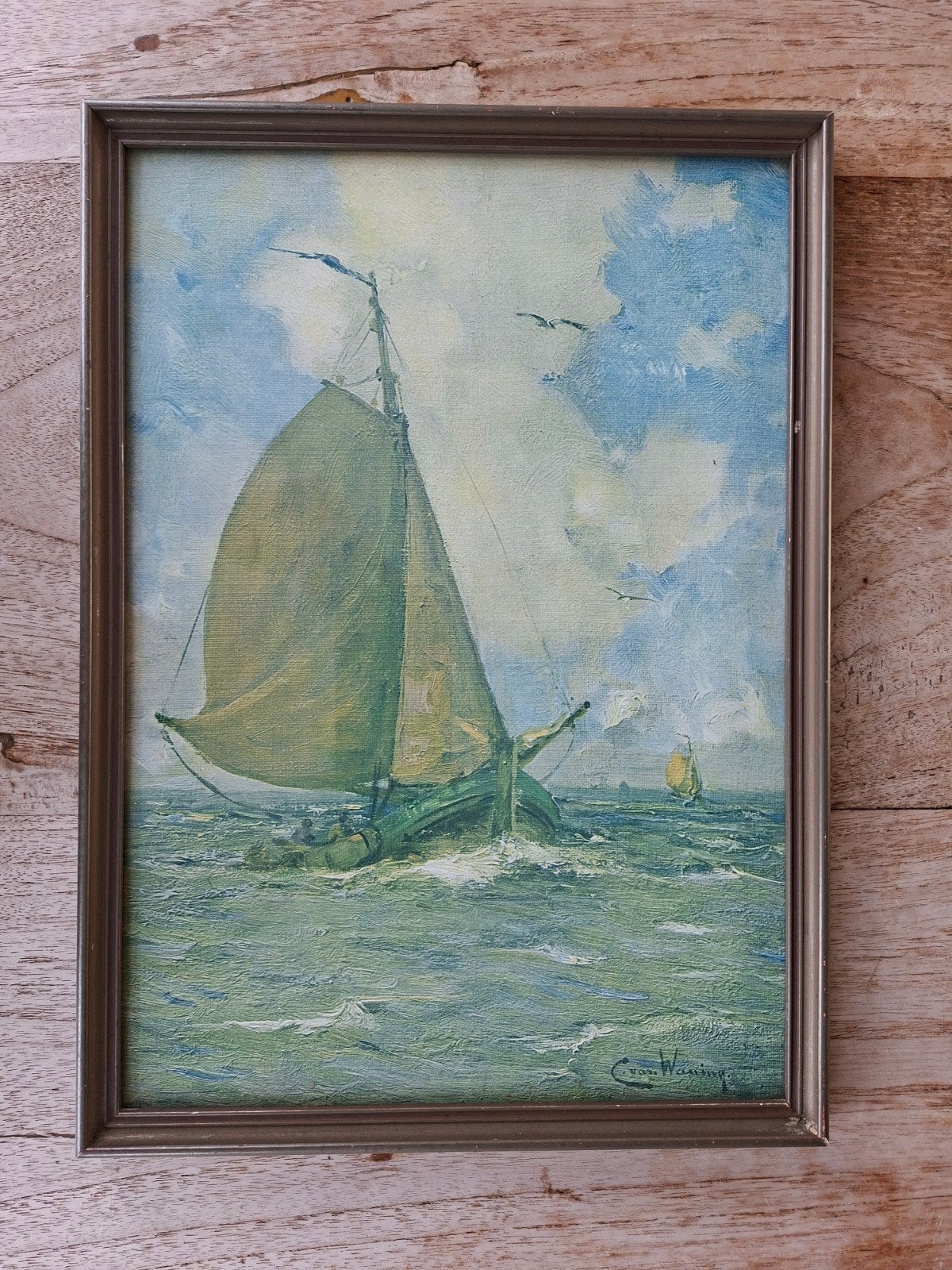 Ingelijste prent zeezicht zeilboot, Antiek en Kunst, Kunst | Schilderijen | Klassiek, Ophalen of Verzenden