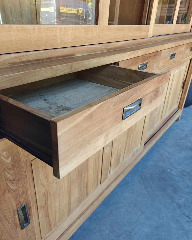 Grote teakhouten buffetkast | Glas op zijkanten! #9288, -, 200 cm of meer, -, Met lade(s)