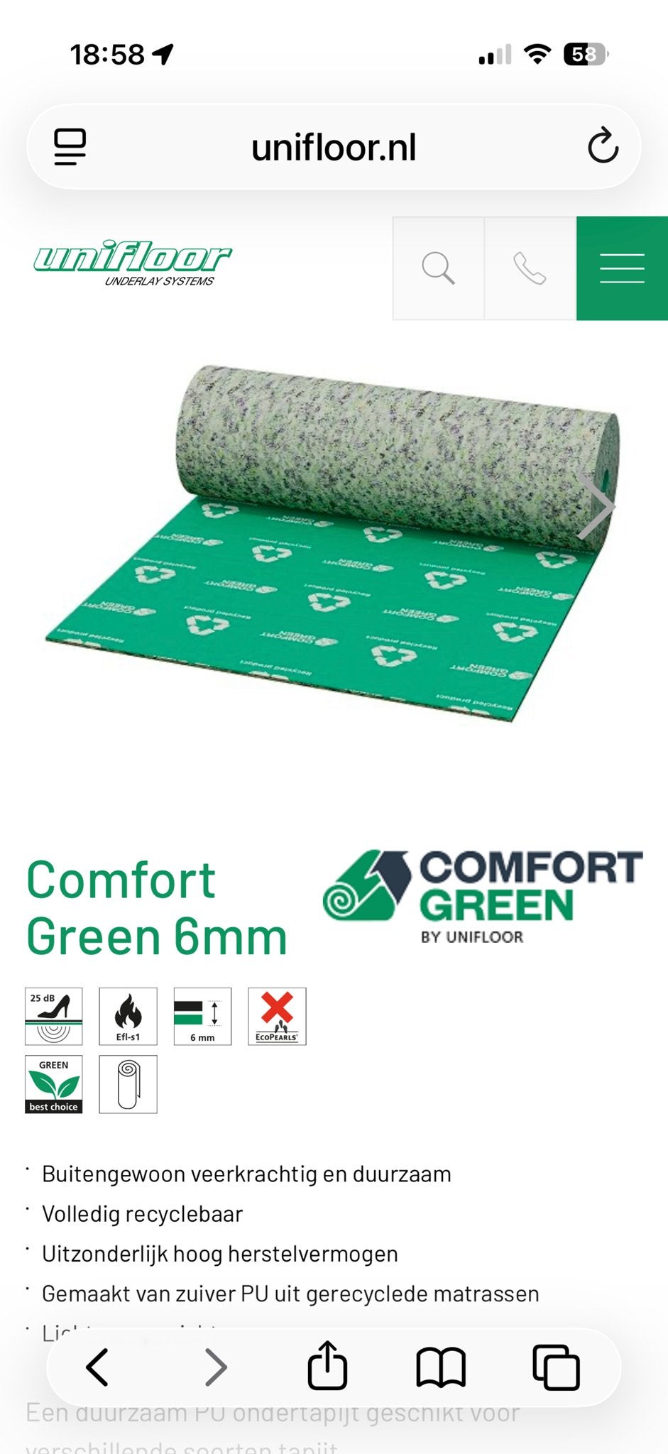 Unifloor Comfort Green halve rol ondervloer, Ophalen, Minder dan 50 cm, Rechthoekig, Groen