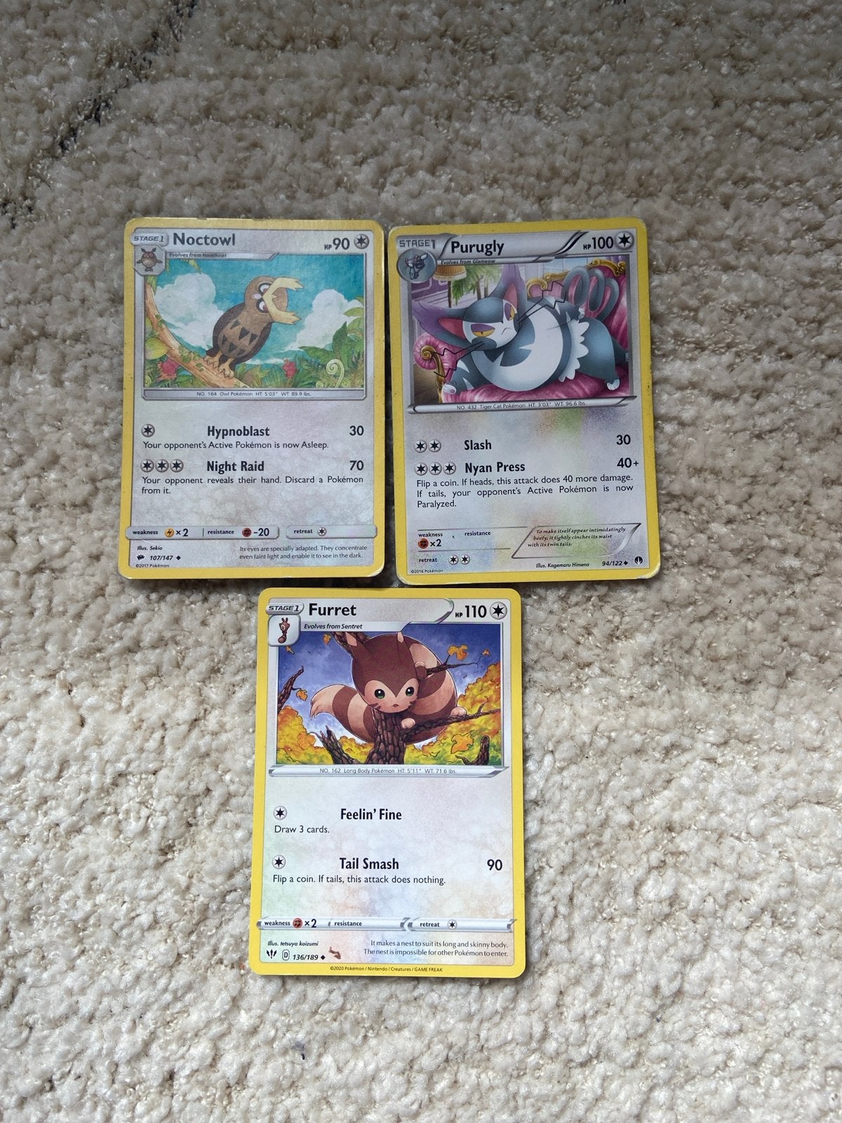 Pokémon Kaarten: Noctowl, Purugly, Furret, Verzenden, Nieuw, Meerdere kaarten