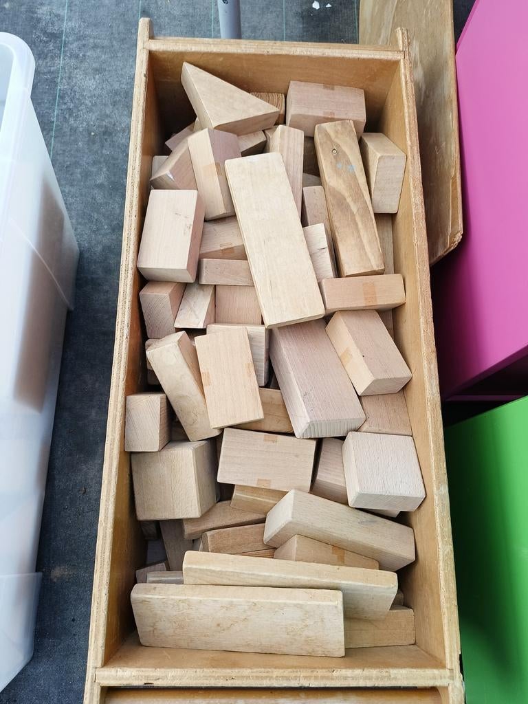 2 Grote bakken met houten speelblokken, oa Kapla en Jenga, Ophalen, Gebruikt, Overige typen