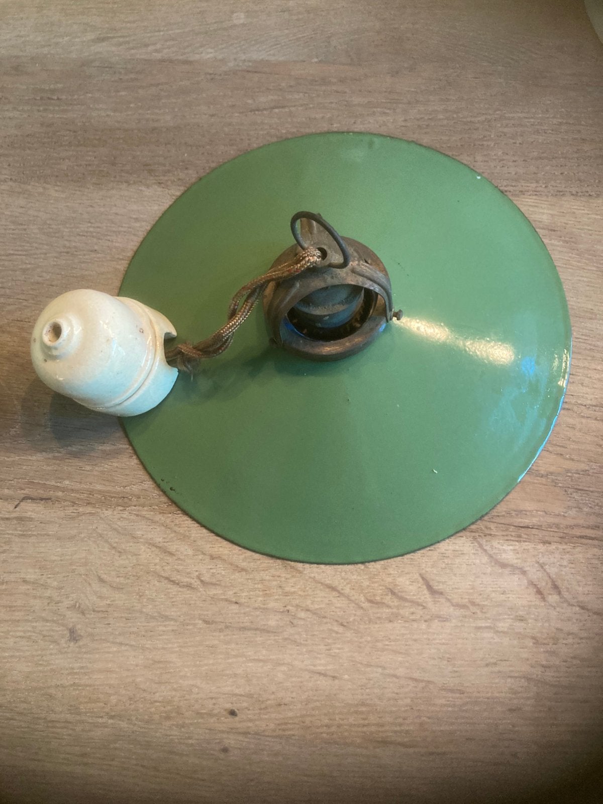 RETRO HANGLAMP GROEN EMAILLE DIAM. 25,5, Gebruikt, Jaren 50, Groen, 25 cm
