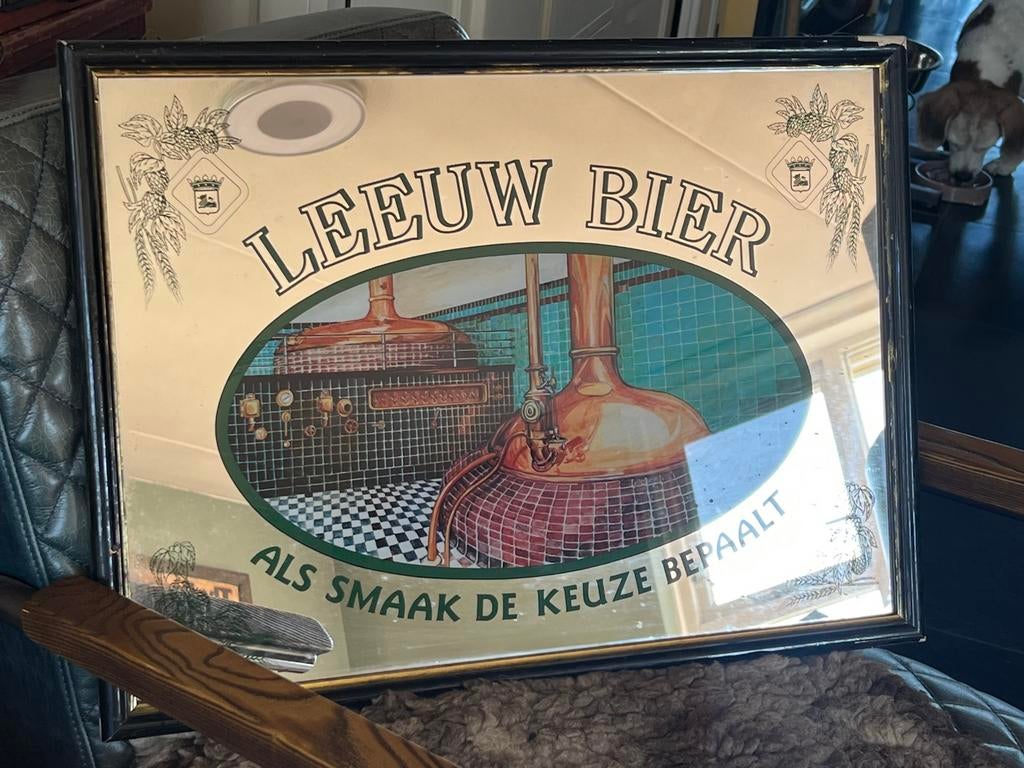 OUDE RECLAME SPIEGEL “ Leeuw Bier”, Ophalen, Gebruikt, Reclamebord, Plaat of Schild, Overige merken