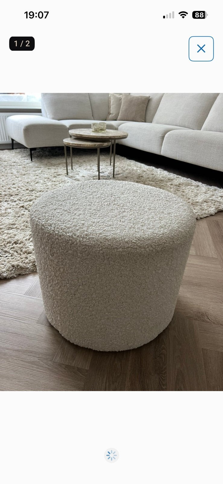 Witte boucle poef, Ophalen, Zo goed als nieuw, Rond, Minder dan 50 cm