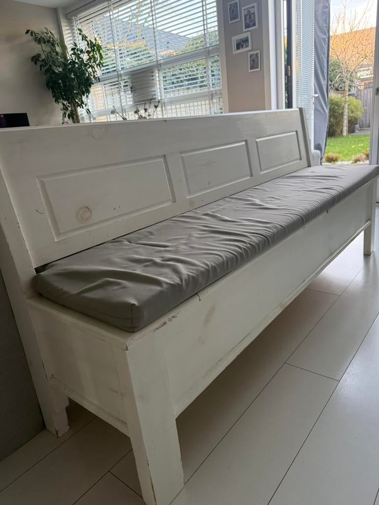 Houten strakje klep bank met kussen, Ophalen, Minder dan 50 cm, Gebruikt, 125 cm of meer