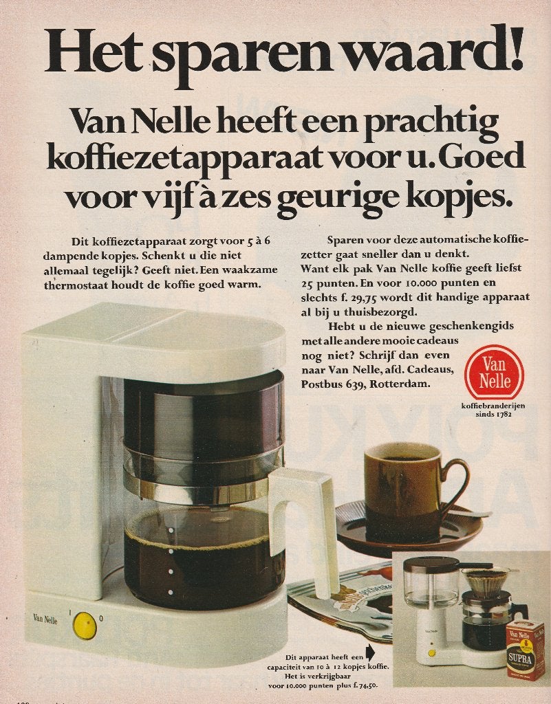 Retro reclame 1972 Van Nelle koffiezetapparaat koffiezetter, Verzamelen, Retro, Verzenden, Overige typen