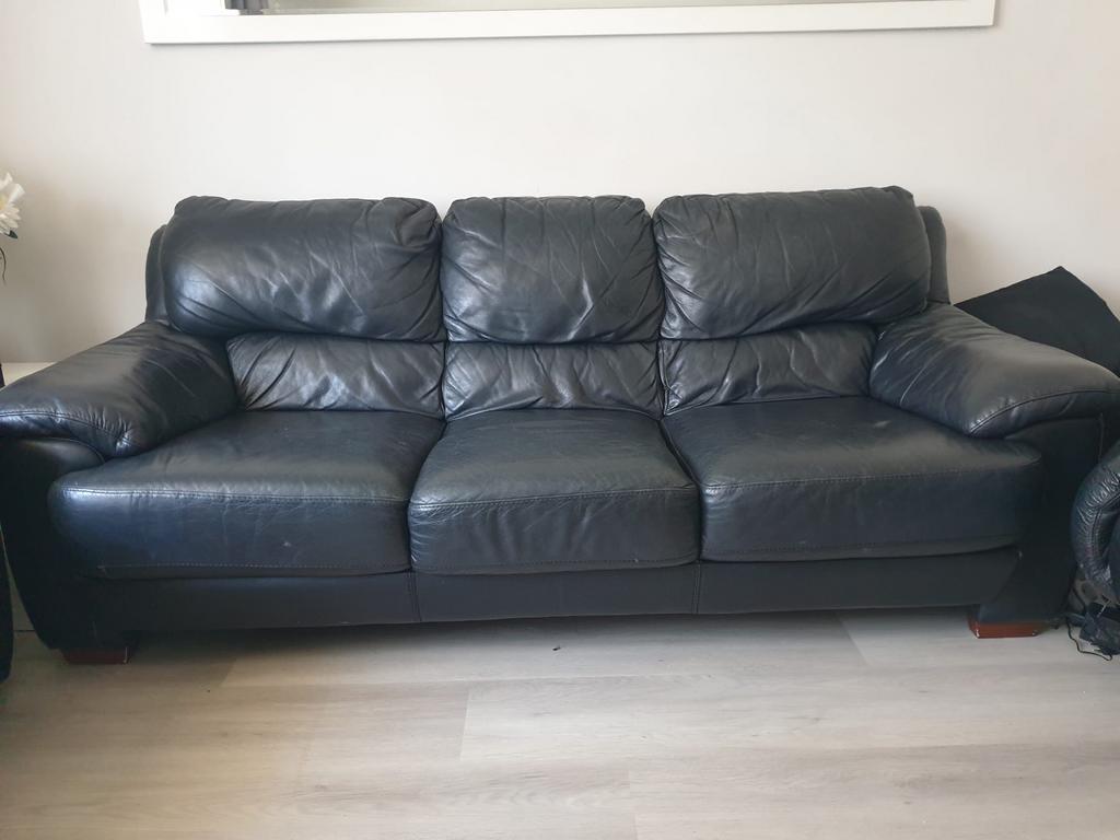 Comfortabele 3-zits leren bank - Zwart, Ophalen, Gebruikt, Driepersoons, Rechte bank