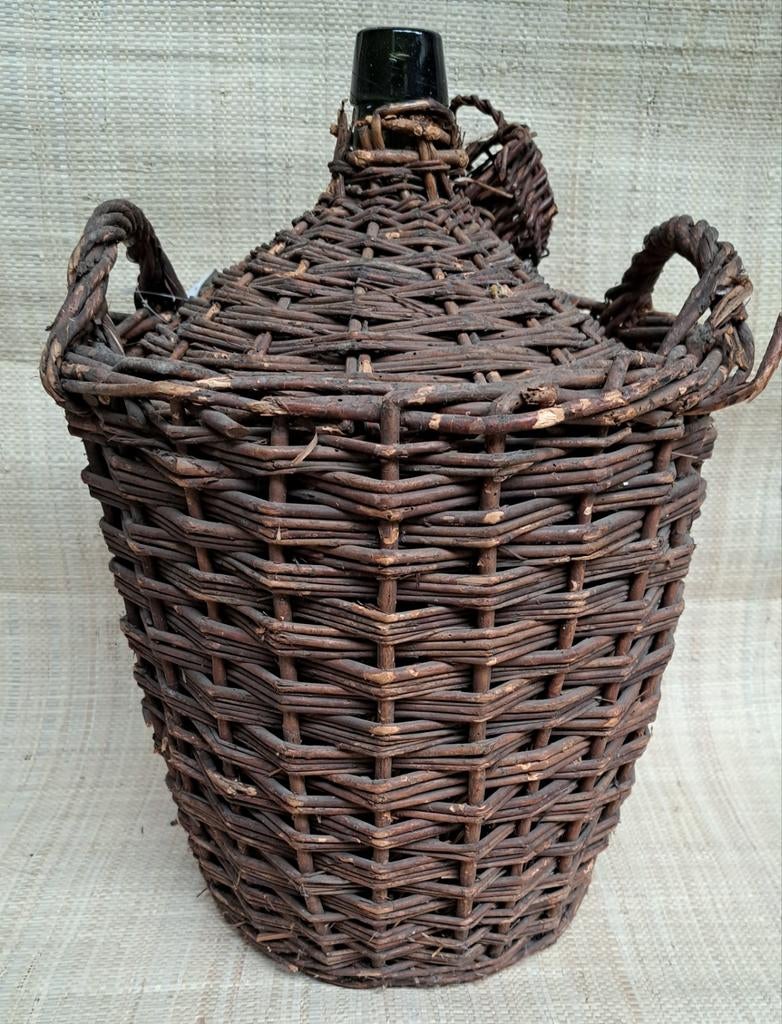 Brocante fles gistfles in rotan mand Frans, Antiek en Kunst, Ophalen of Verzenden