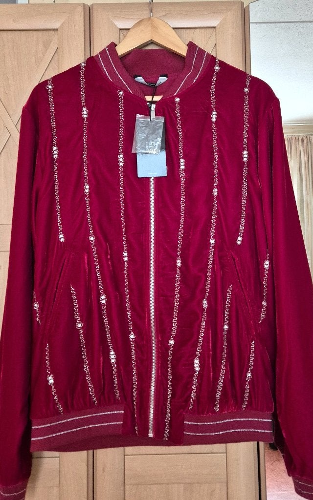 Bordeauxrode velvet jas - zilverdraad en strass - H&M - Mt L, Maat 52/54 (L), Overige kleuren, Nieuw, Ophalen of Verzenden