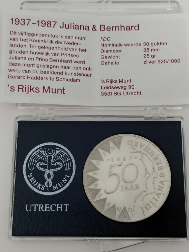 Zilveren 50 gulden munt Juliana & Bernhard, Setje, Koningin Beatrix, Zilver, Ophalen of Verzenden