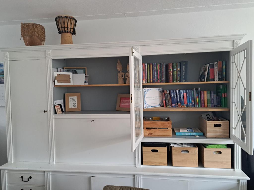 Wandmeubel/ buffetkast/ boekenkast vintage gemoderniseerd, Ophalen, Gebruikt, 200 cm of meer, Vintage, landelijke, klassiek, gemoderniseerd