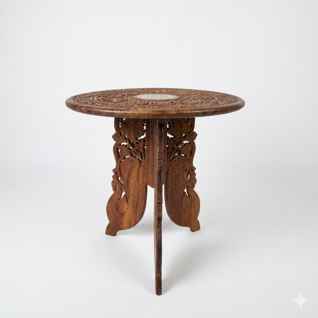 Vintage plantentafel indiaas inklap bijzettafel houtsnijwerk, Ophalen of Verzenden