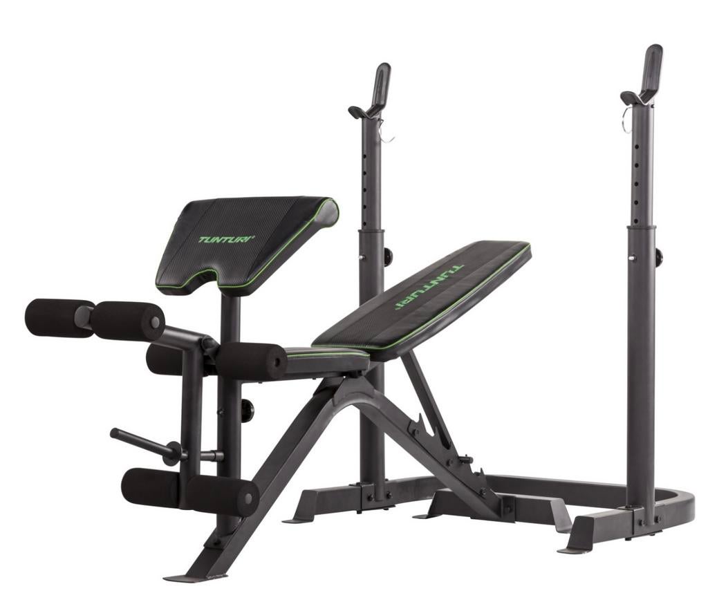 Tunturi halterbank + stang en div. schijven (als nieuw), Sport en Fitness, Ophalen, Zo goed als nieuw, Benen, Fitnessbank