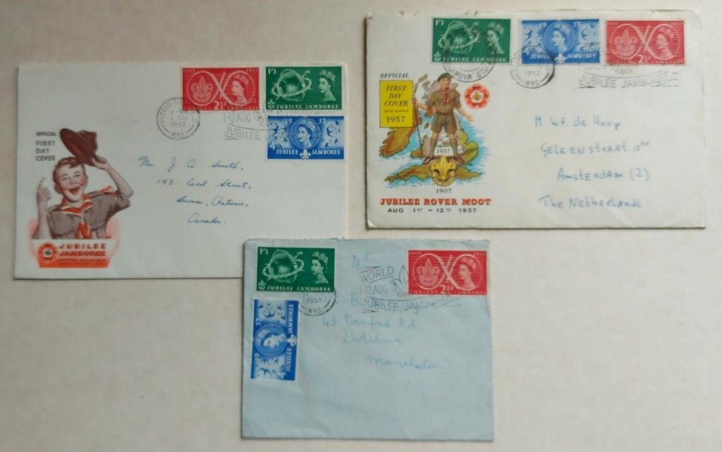 scouting Wereld Jamboree 1957 set met 3 Poststukken/stempels, Ophalen of Verzenden, Gebruikt, Overige typen