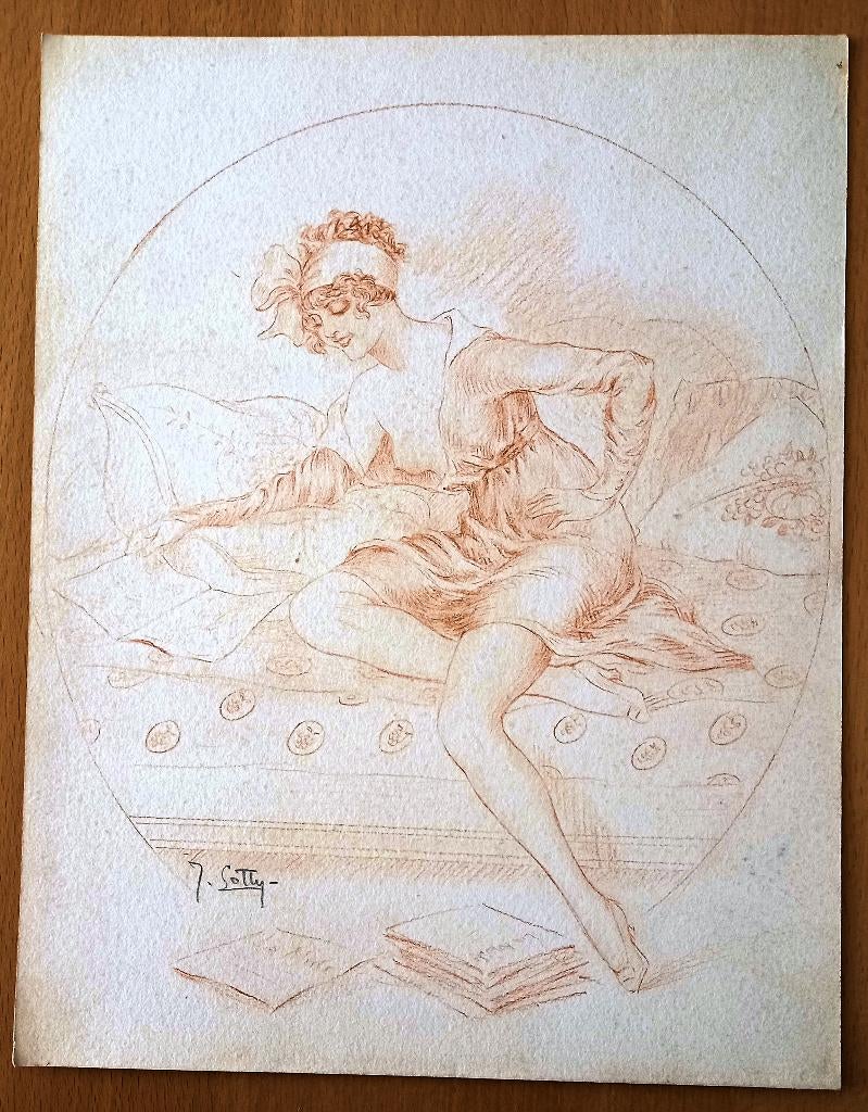 A493-84 Oude tekening schaars geklede vrouw zittende op bank, Ophalen of Verzenden