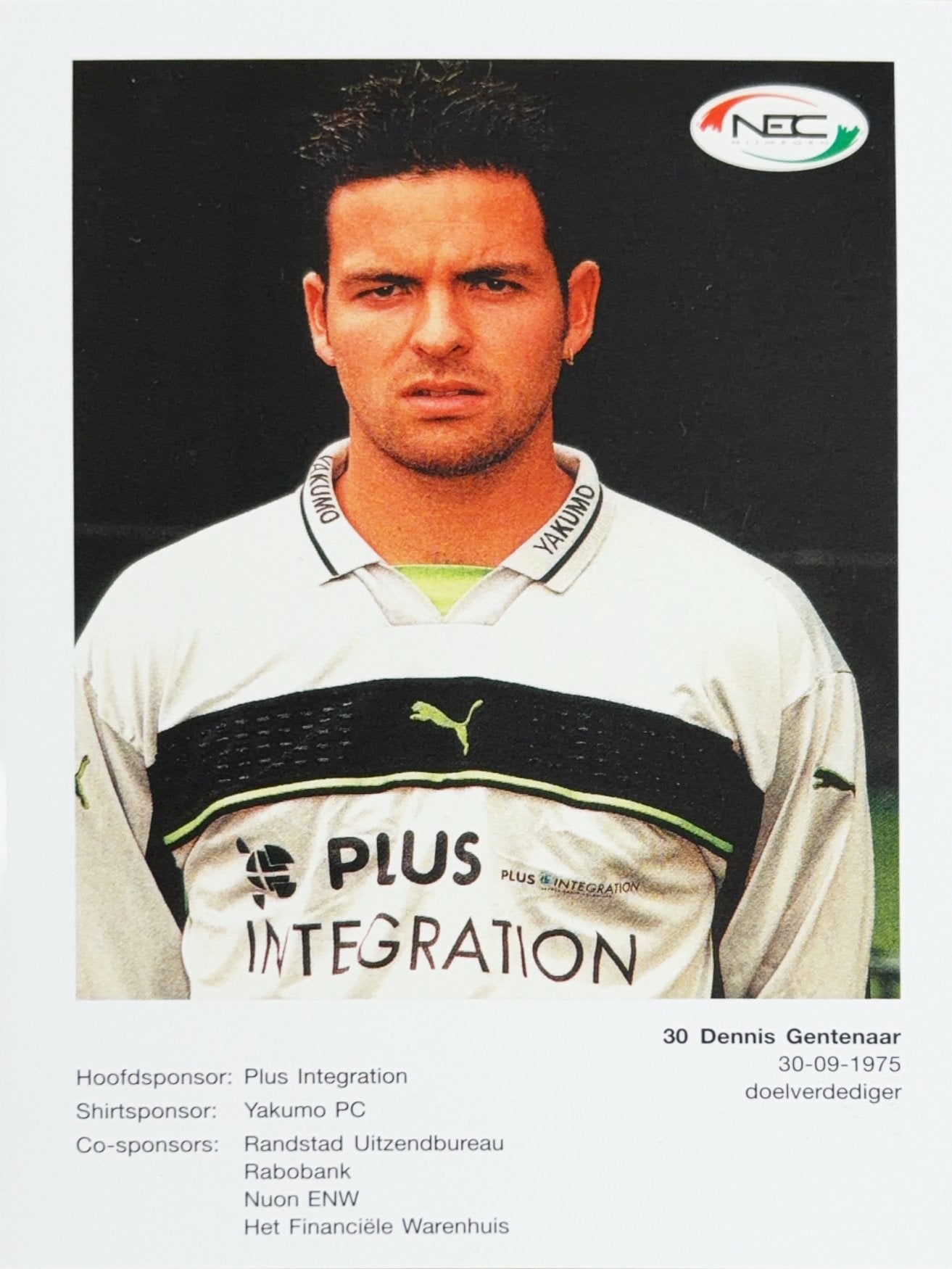 Spelerskaart Dennis Gentenaar - NEC Nijmegen - seizoen 99/00, Verzamelen, Ophalen of Verzenden, Zo goed als nieuw, Ajax, Spelerskaart
