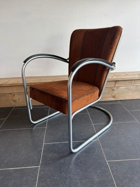 Gispen 412 fauteuil, zijdemat , nieuwe goudbruine ribstof, Huis en Inrichting, Fauteuils, Design, 75 tot 100 cm, Zo goed als nieuw