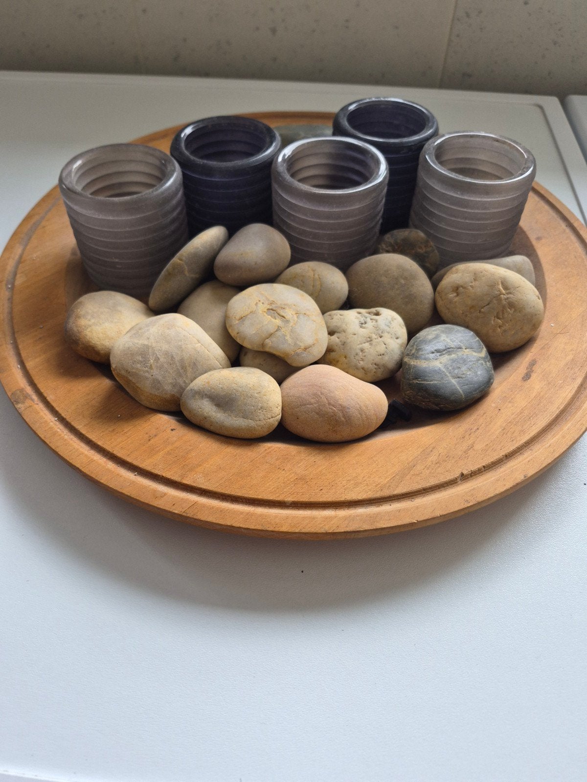 Decoratieve schaal met theelichtjes en stenen, Hout, Gebruikt, Ophalen of Verzenden, Landelijk
