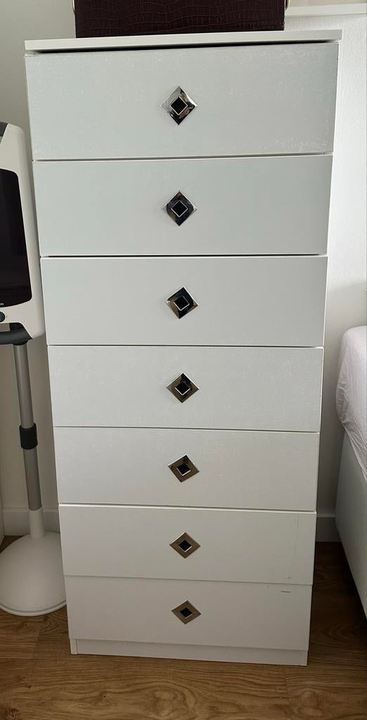 Witte Ladekast met Spiegel en Vakjes - 145x57x42 cm, Gebruikt, 5 laden of meer, 100 tot 150 cm, 25 tot 50 cm