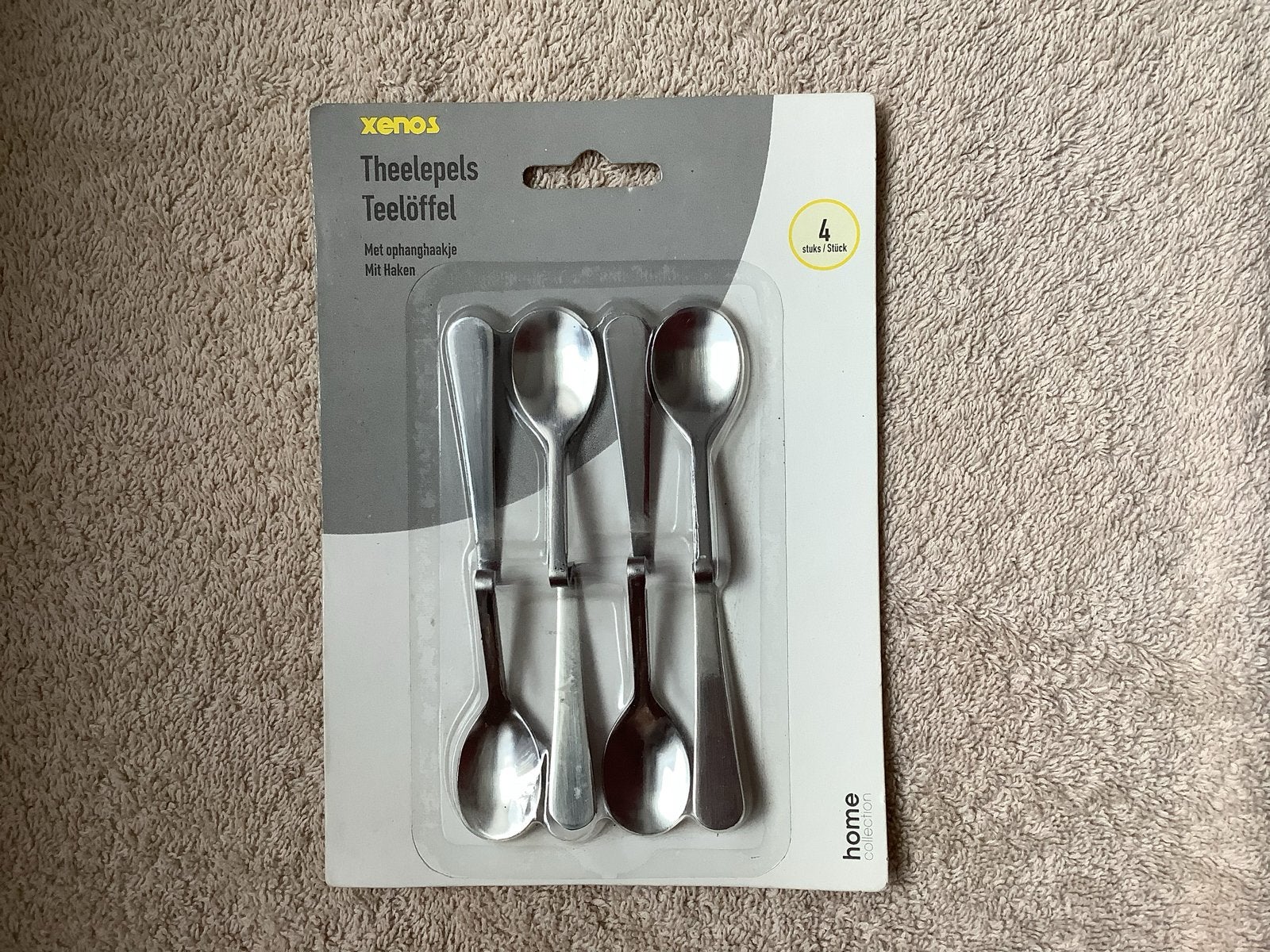Set van 4 nieuwe theelepels van Xenos met ophanghaakje, Ophalen of Verzenden, Nieuw, Rvs of Chroom
