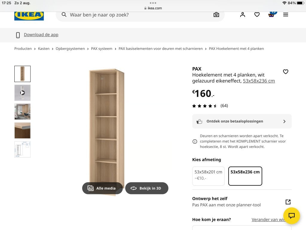 Pax hoekkast element wit gelazuurd eikeneffect, Ophalen, Met plank(en), 200 cm of meer, 50 tot 100 cm