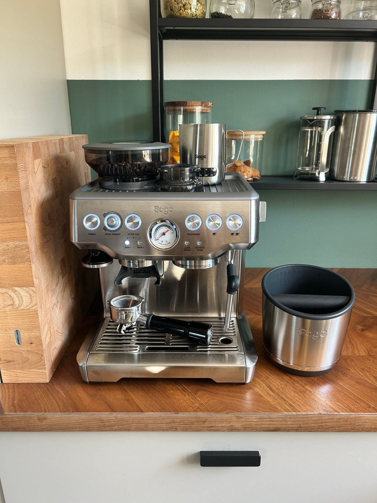 Sage Barista Express Stainless Steel - incl. garantie, Gebruikt, Espresso apparaat, Gemalen koffie, Ophalen