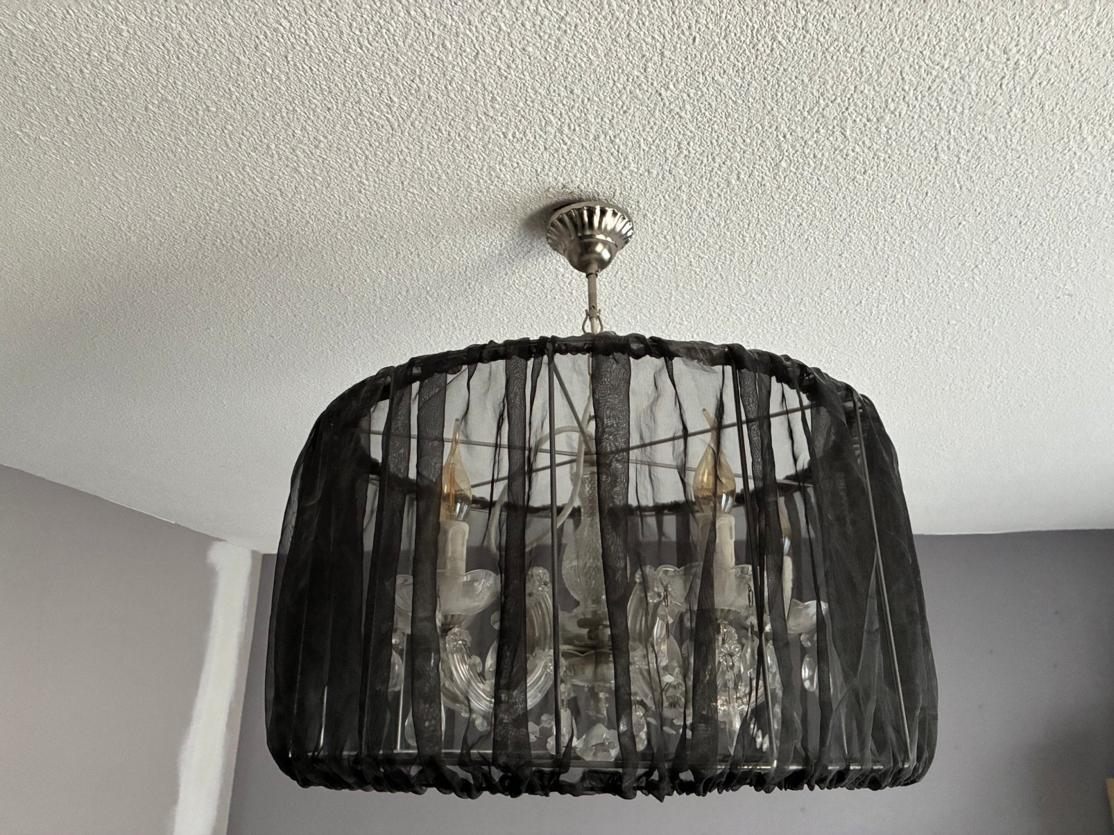 Hanglamp met zwarte organza en plastic kristallen, Ophalen, Gebruikt, Barok