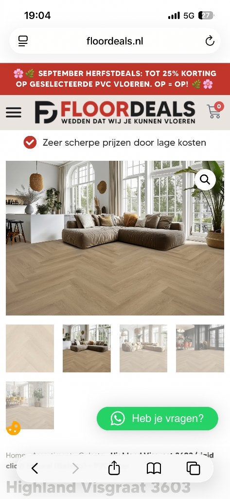 65m2 nieuw in verpakking pvc Gelasta Highland Visgraat 3603, Ophalen, 50 tot 150 cm, Nieuw, 10 m² of meer