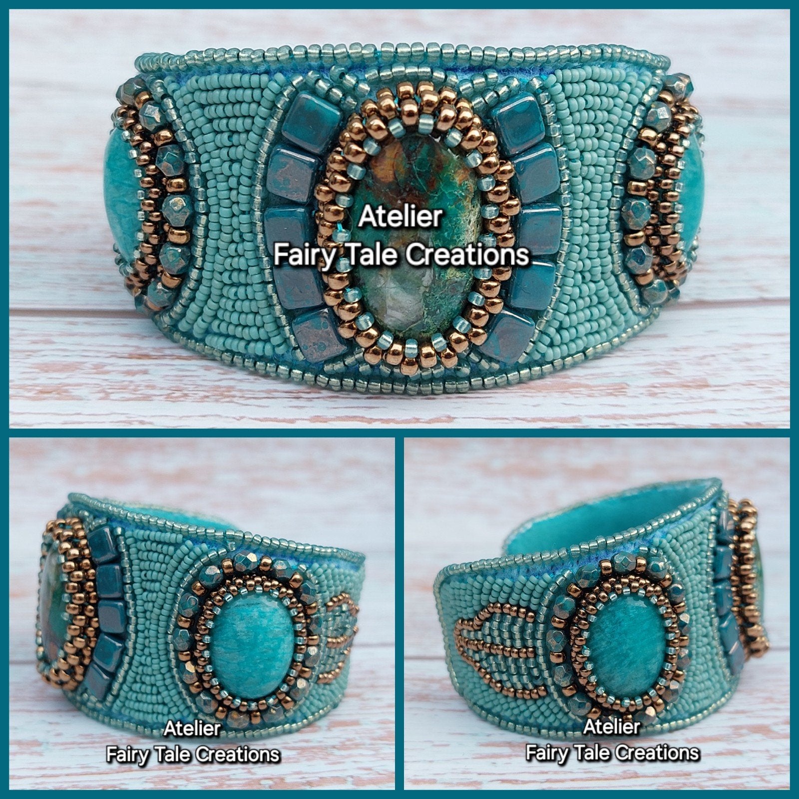 Beadembroidery armband in turquoise/brons met 3 edelstenen, Verzenden, Nieuw