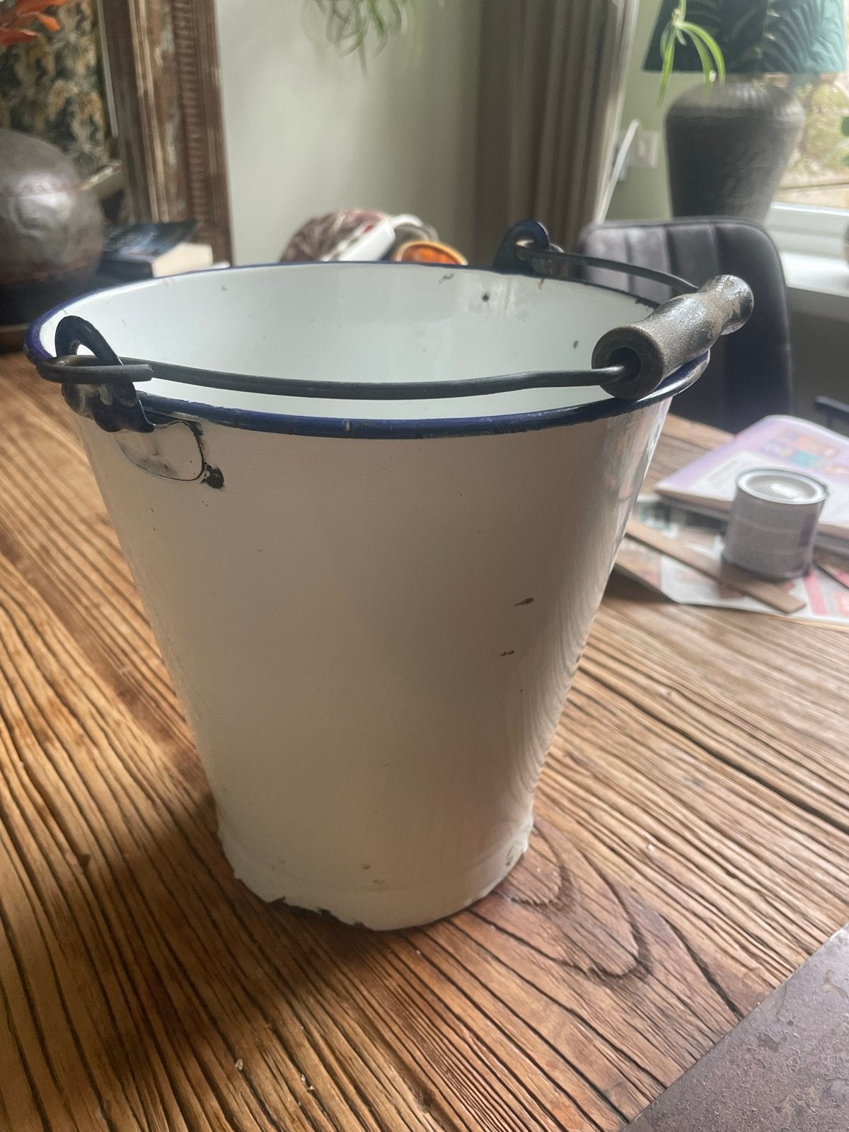 Vintage Emaille Emmer - Wit met Blauwe Rand, Ophalen of Verzenden