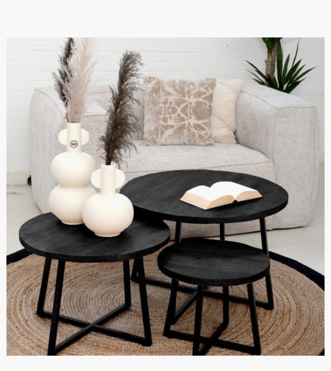 Zwarte mangohouten salontafel set van 3, Huis en Inrichting, Ophalen, 50 tot 100 cm, Rond, 50 tot 100 cm