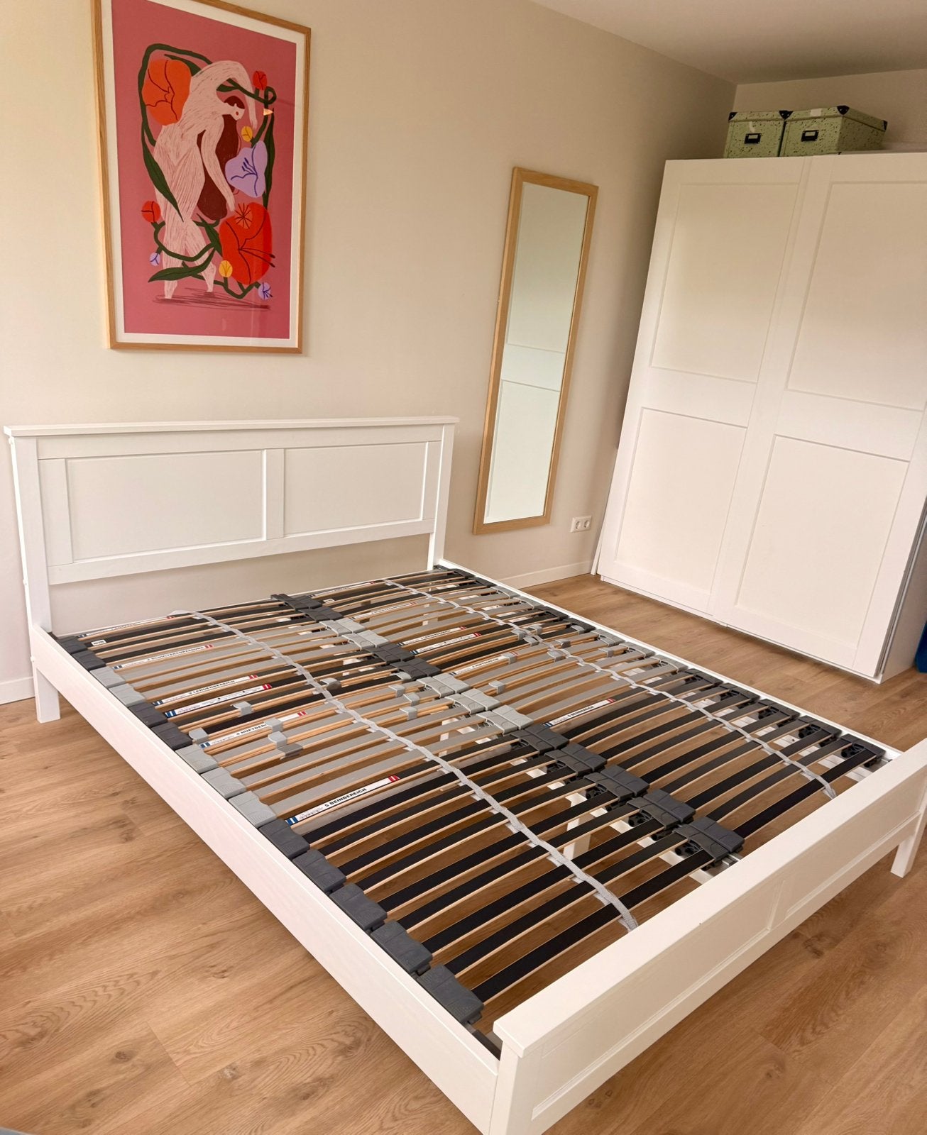 Wit houten bed + lattenbodem 160x200, Huis en Inrichting, Ophalen, Gebruikt, Wit, Tweepersoons