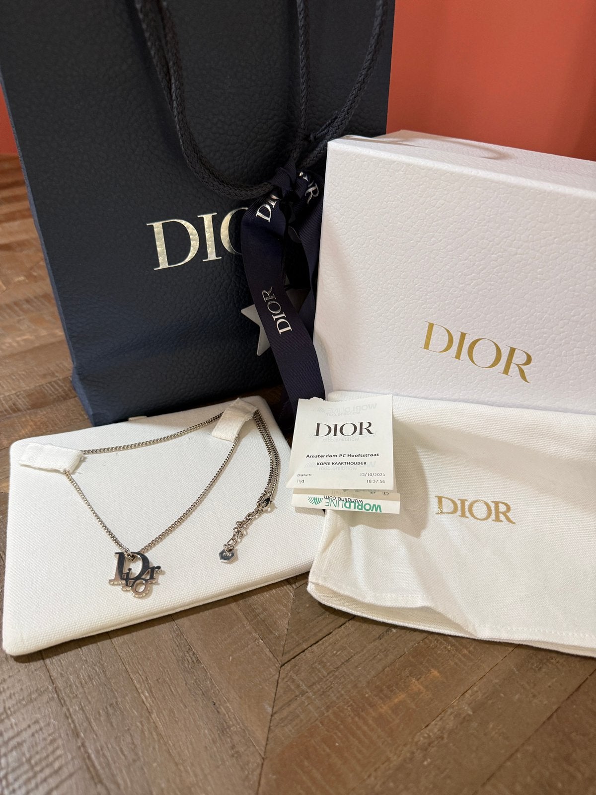 Dior Oblique Ketting + Aankoopbewijs, Overige materialen, Zo goed als nieuw, Grijs, Ophalen