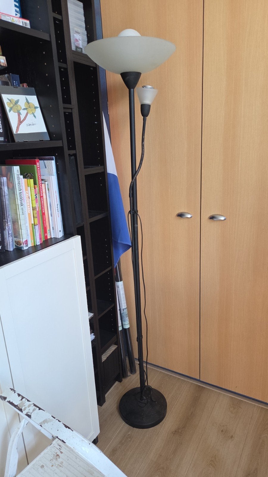 Staande lamp met leeslamp - Zwart/Wit, Ophalen, Gebruikt, Glas, 150 tot 200 cm