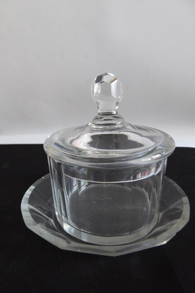 Kristallen bonbon pot met deksel en schotel, geslepen, Antiek en Kunst, Antiek | Glas en Kristal, Ophalen of Verzenden